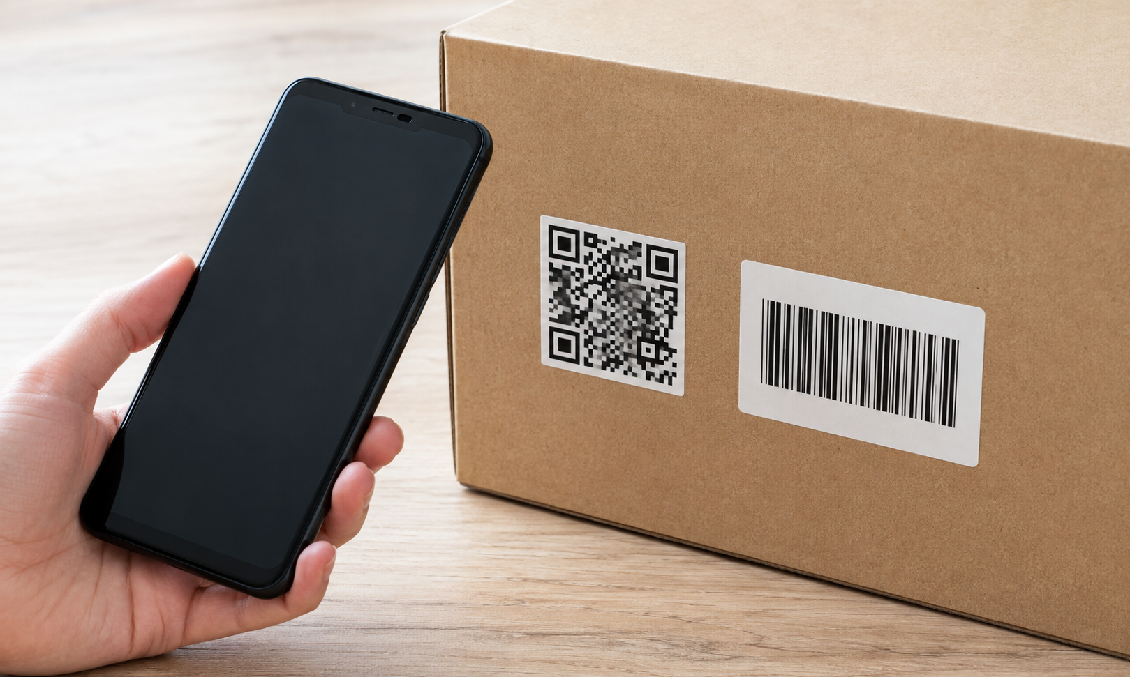 Смартфон біля коробки з QR-кодом і штрих-кодом